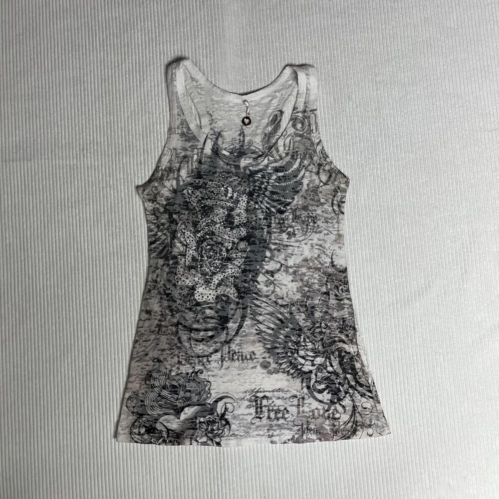 Y2K Skull Rose Graphic Tank Top Womens One Size White Rhinestone Gothic Tattoo